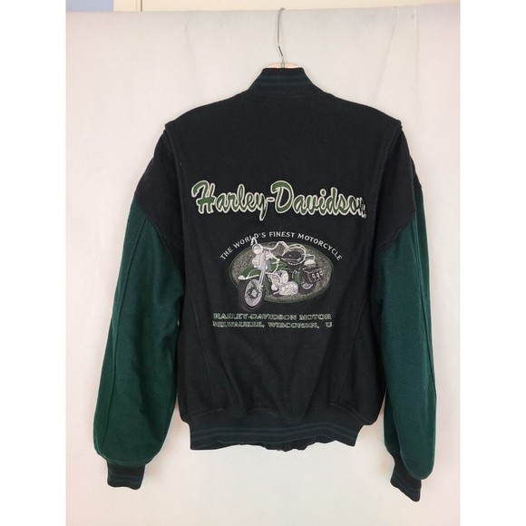 Harley-Davidson Milwaukee Women's (XX-S) Black & Green Wool Moto Biker Jacket - Picture 6 of 12